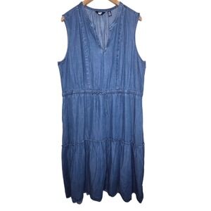 Lands End Womens Blue Chambray Tiered Midi Dress Overall Plus SZ XXL Western
